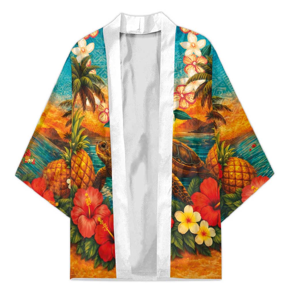 Hawaiian Turtles on Beach Kimono with Pineapple Tropical Plant and Lei LT03 Unisex Multicolor - Polynesian Pride