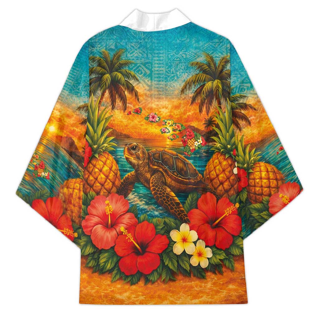 Hawaiian Turtles on Beach Kimono with Pineapple Tropical Plant and Lei LT03 - Polynesian Pride