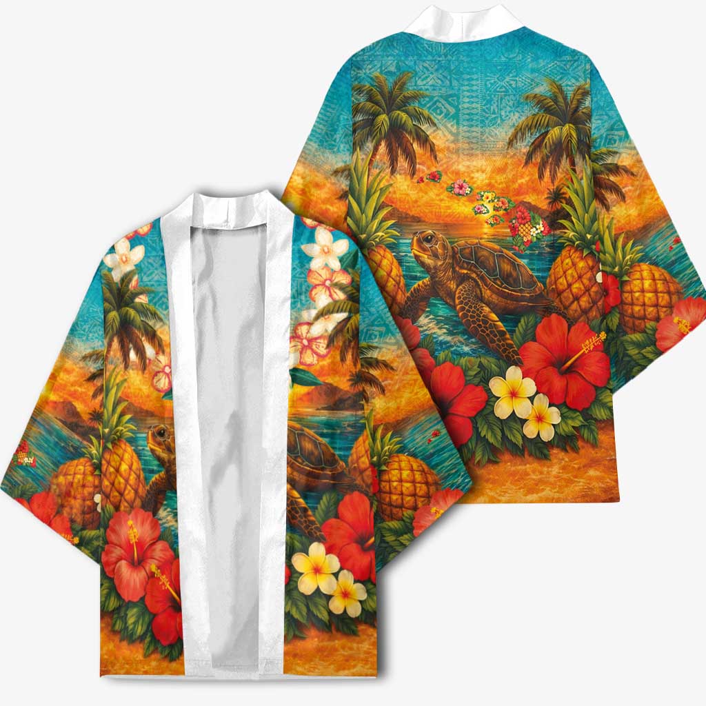 Hawaiian Turtles on Beach Kimono with Pineapple Tropical Plant and Lei LT03 - Polynesian Pride
