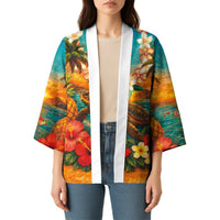 Hawaiian Turtles on Beach Kimono with Pineapple Tropical Plant and Lei LT03 - Polynesian Pride