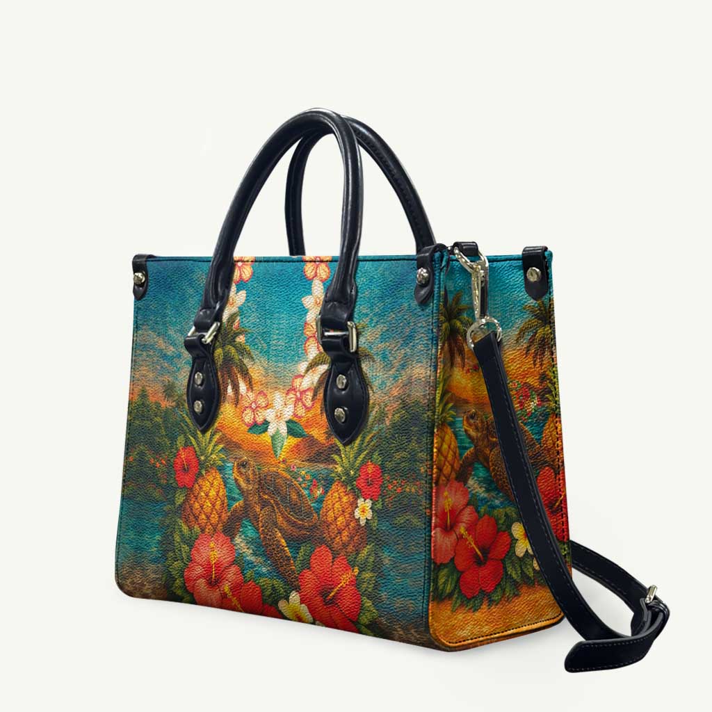 Hawaiian Turtles on Beach Leather Bag with Pineapple Tropical Plant and Lei LT03 Multicolor - Polynesian Pride