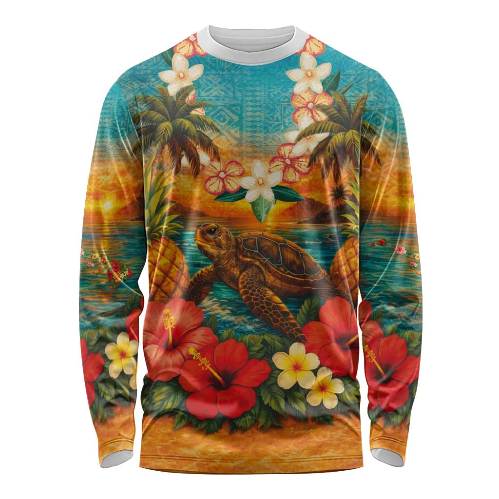 Hawaiian Turtles on Beach Long Sleeve Shirt with Pineapple Tropical Plant and Lei LT03 Unisex Multicolor - Polynesian Pride