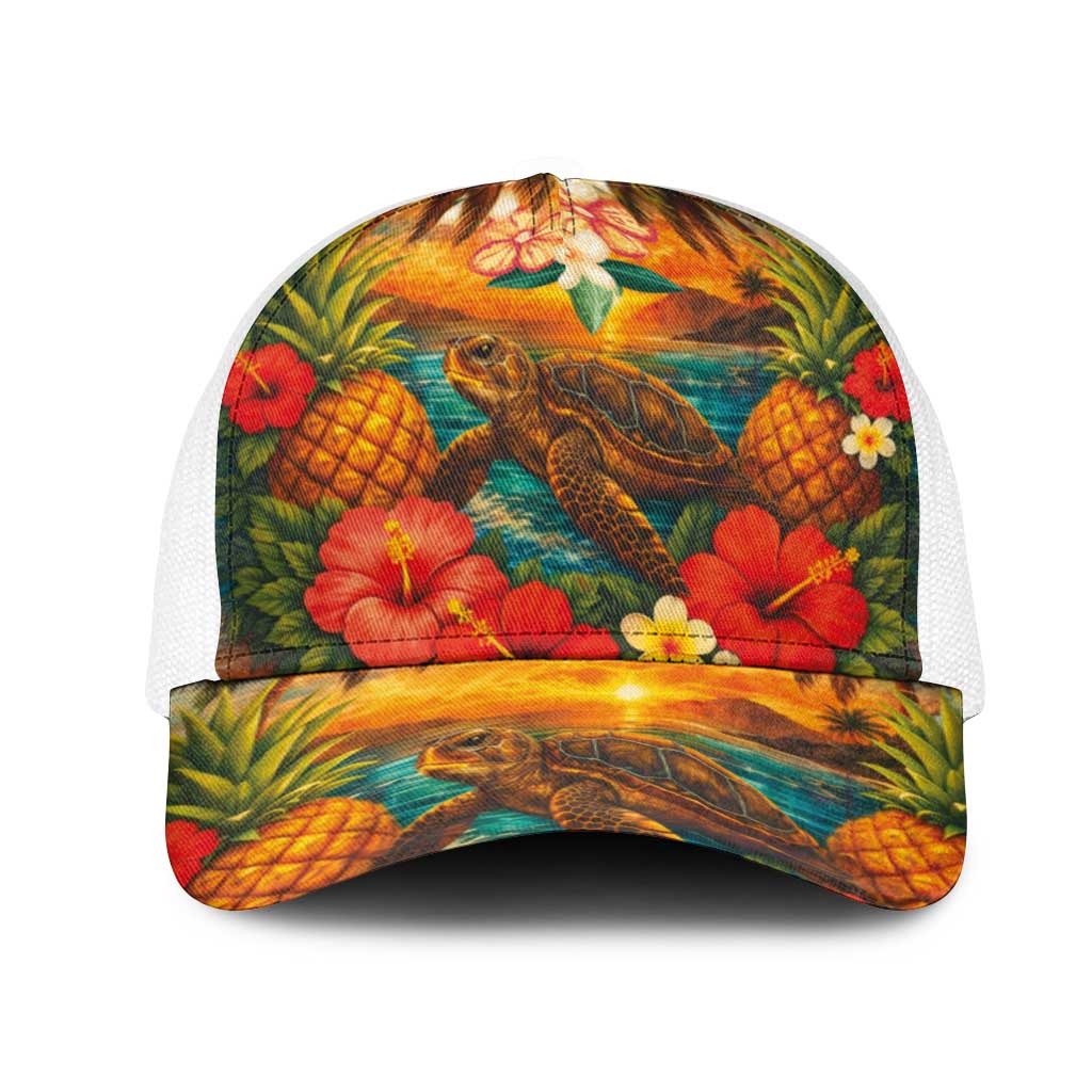 Hawaiian Turtles on Beach Mesh Trucker Cap with Pineapple Tropical Plant and Lei LT03 One Size White Multicolor - Polynesian Pride