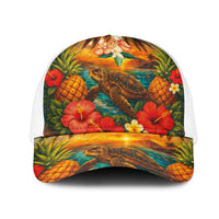 Hawaiian Turtles on Beach Mesh Trucker Cap with Pineapple Tropical Plant and Lei LT03 One Size White Multicolor - Polynesian Pride