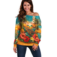 Hawaiian Turtles on Beach Off Shoulder Sweater with Pineapple Tropical Plant and Lei LT03 Women Multicolor - Polynesian Pride
