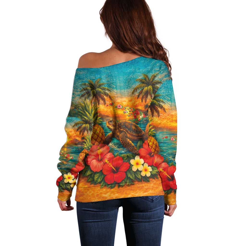 Hawaiian Turtles on Beach Off Shoulder Sweater with Pineapple Tropical Plant and Lei LT03 - Polynesian Pride