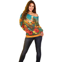 Hawaiian Turtles on Beach Off Shoulder Sweater with Pineapple Tropical Plant and Lei LT03 - Polynesian Pride