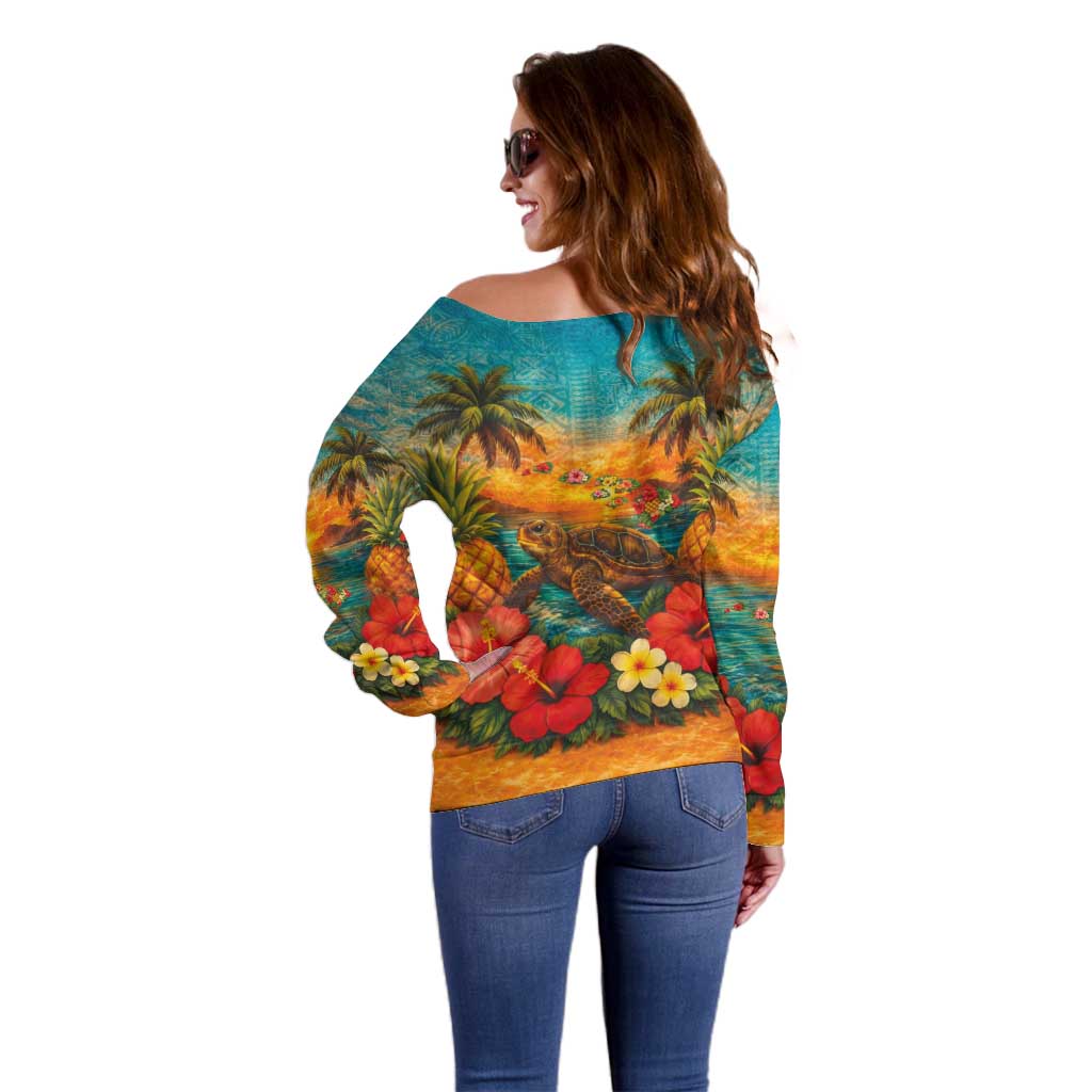 Hawaiian Turtles on Beach Off Shoulder Sweater with Pineapple Tropical Plant and Lei LT03 - Polynesian Pride