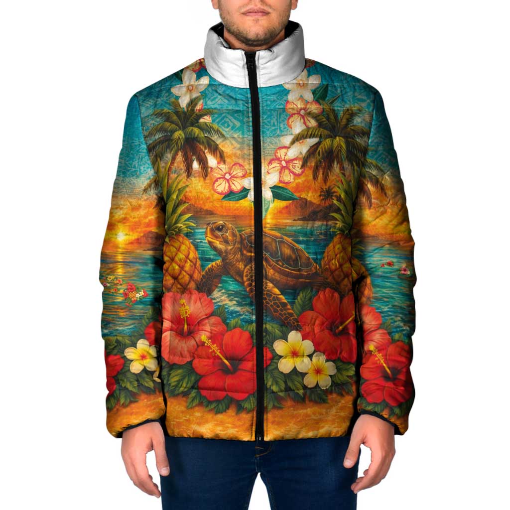 Hawaiian Turtles on Beach Padded Jacket with Pineapple Tropical Plant and Lei LT03 Men Multicolor - Polynesian Pride