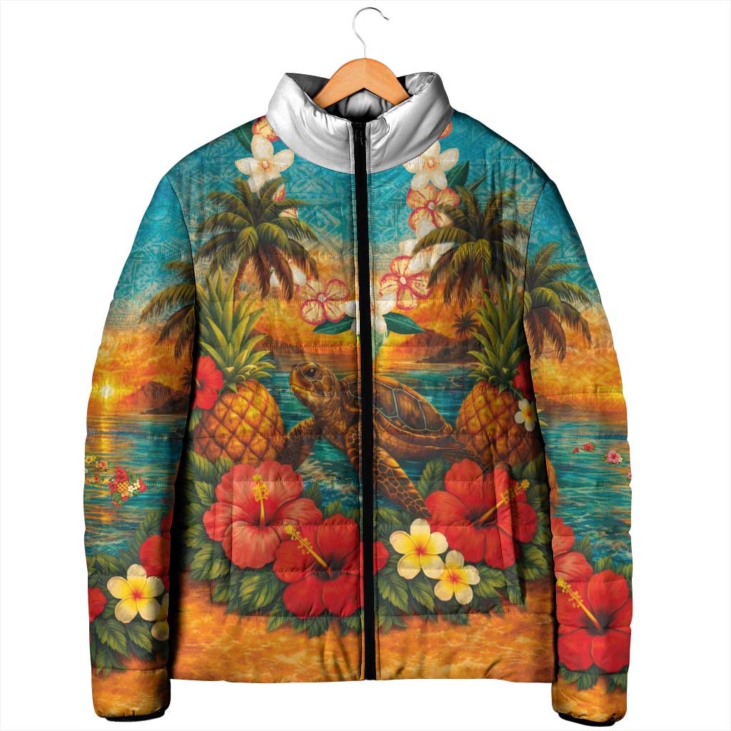 Hawaiian Turtles on Beach Padded Jacket with Pineapple Tropical Plant and Lei LT03 - Polynesian Pride