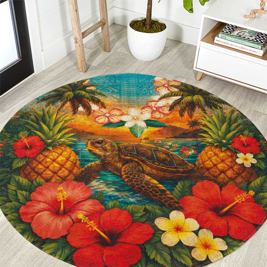 Hawaiian Turtles on Beach Round Carpet with Pineapple Tropical Plant and Lei LT03 Multicolor - Polynesian Pride