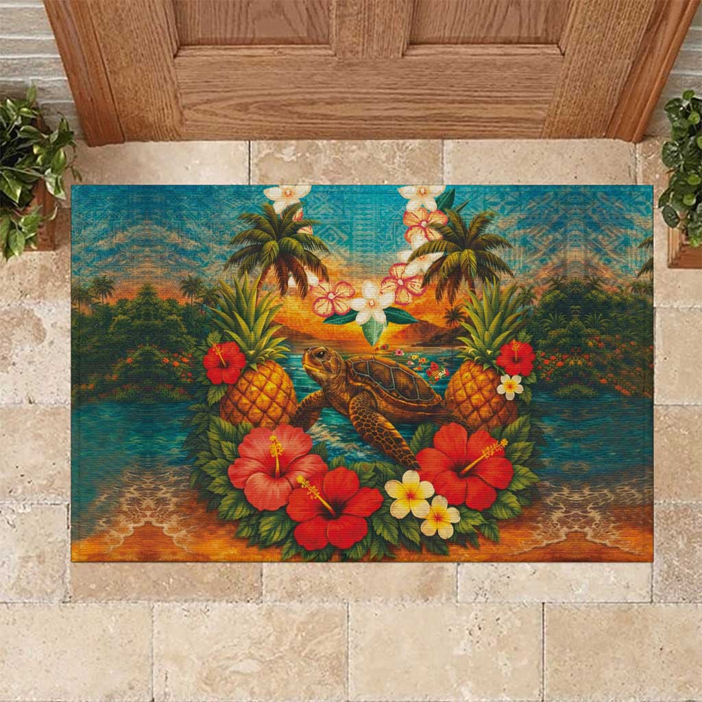 Hawaiian Turtles on Beach Rubber Doormat with Pineapple Tropical Plant and Lei LT03 Multicolor - Polynesian Pride