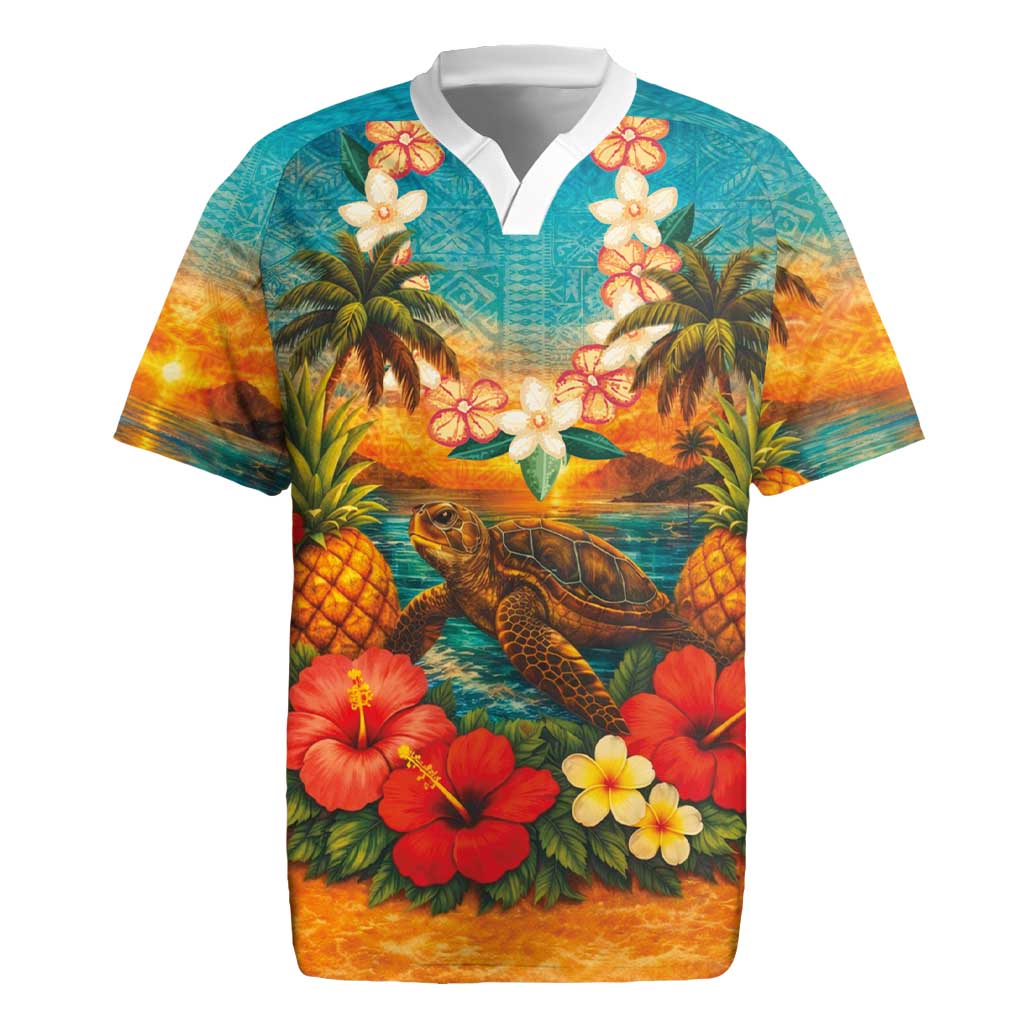 Hawaiian Turtles on Beach Rugby Jersey with Pineapple Tropical Plant and Lei LT03 Multicolor - Polynesian Pride