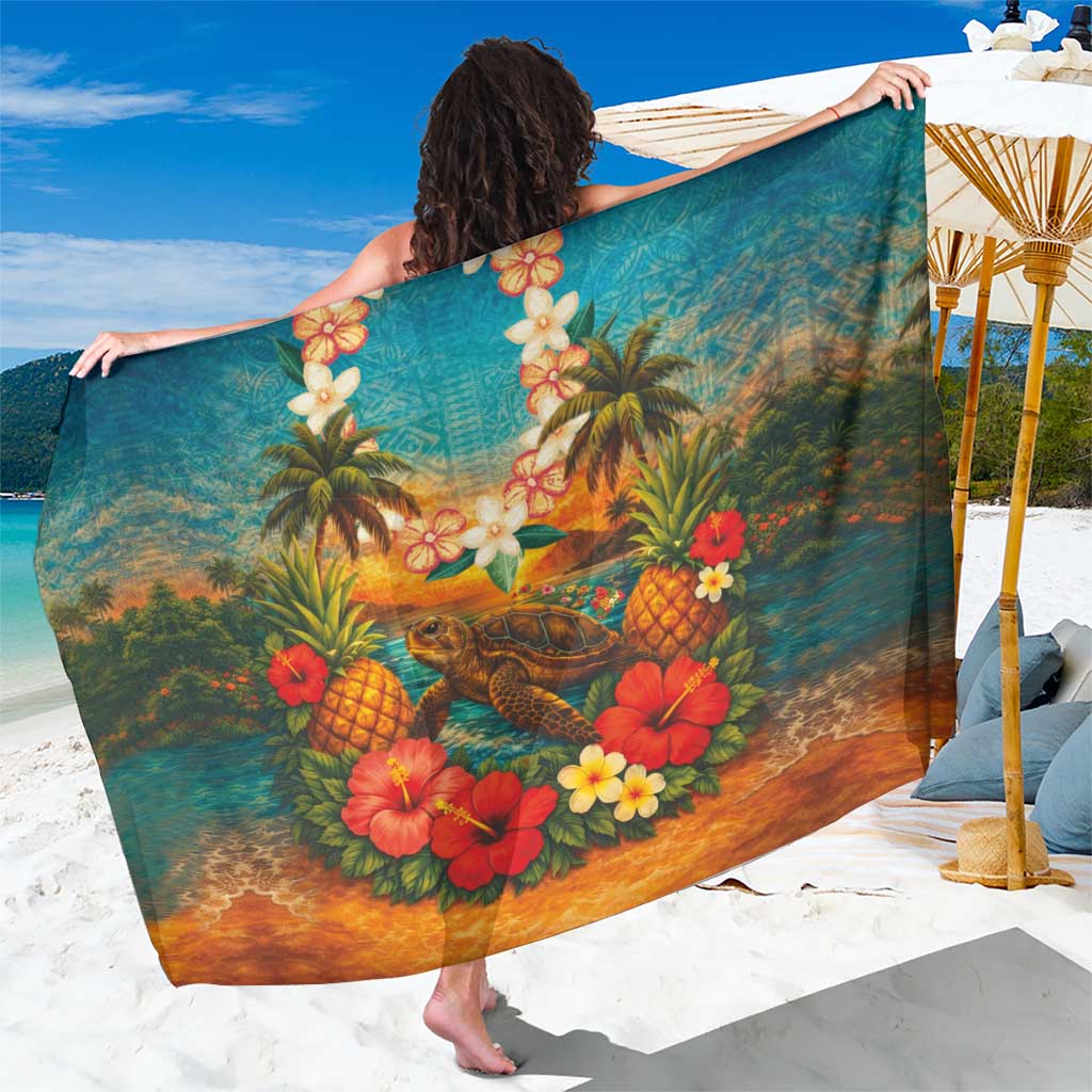 Hawaiian Turtles on Beach Sarong with Pineapple Tropical Plant and Lei LT03 One Size 44 x 66 inches Multicolor - Polynesian Pride