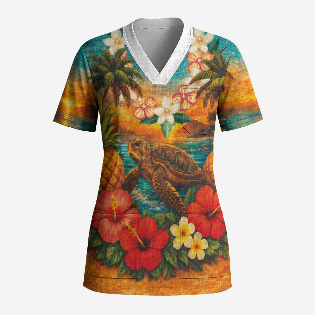 Hawaiian Turtles on Beach Scrub Top with Pineapple Tropical Plant and Lei LT03 Adult Multicolor - Polynesian Pride