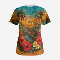 Hawaiian Turtles on Beach Scrub Top with Pineapple Tropical Plant and Lei LT03 - Polynesian Pride