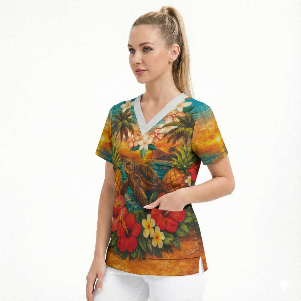 Hawaiian Turtles on Beach Scrub Top with Pineapple Tropical Plant and Lei LT03 - Polynesian Pride