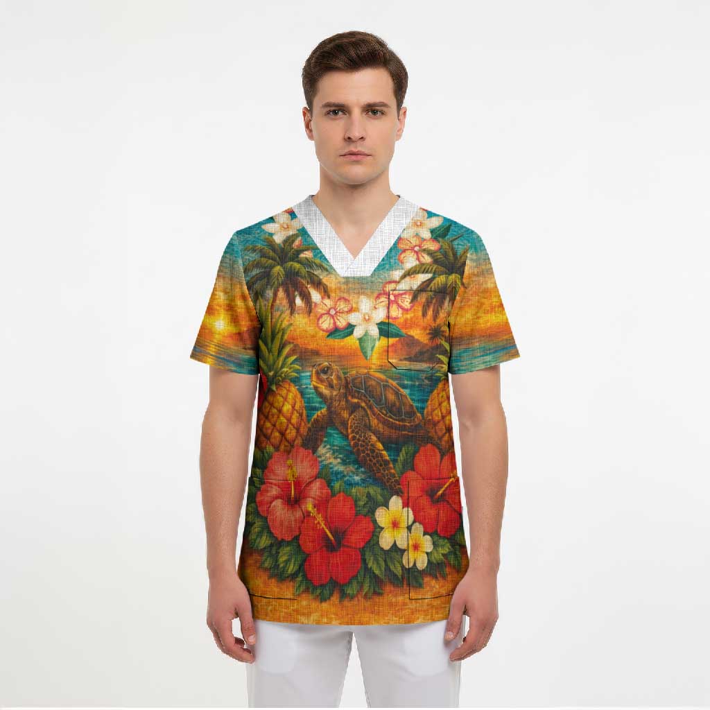 Hawaiian Turtles on Beach Scrub Top with Pineapple Tropical Plant and Lei LT03 - Polynesian Pride