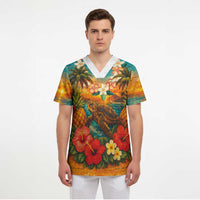 Hawaiian Turtles on Beach Scrub Top with Pineapple Tropical Plant and Lei LT03 - Polynesian Pride