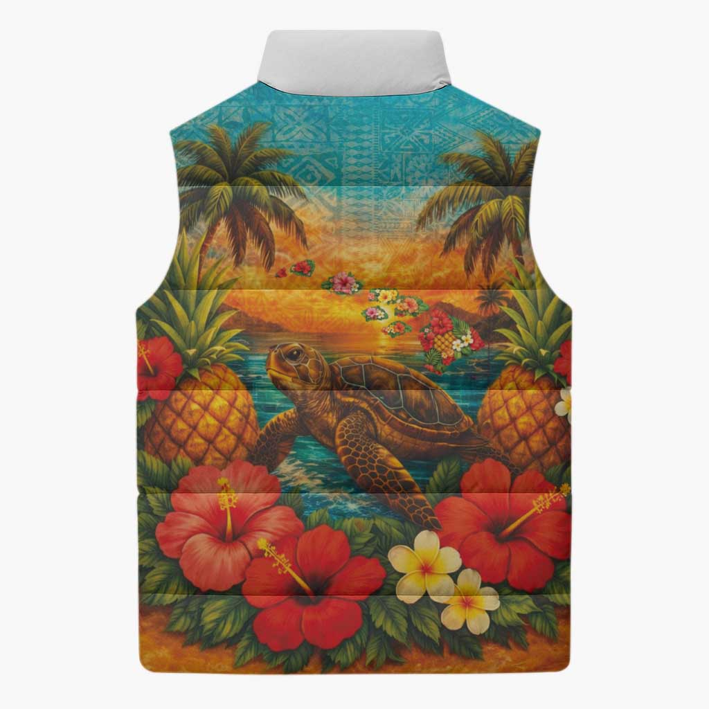 Hawaiian Turtles on Beach Sleeveless Puffer Jacket with Pineapple Tropical Plant and Lei LT03 - Polynesian Pride