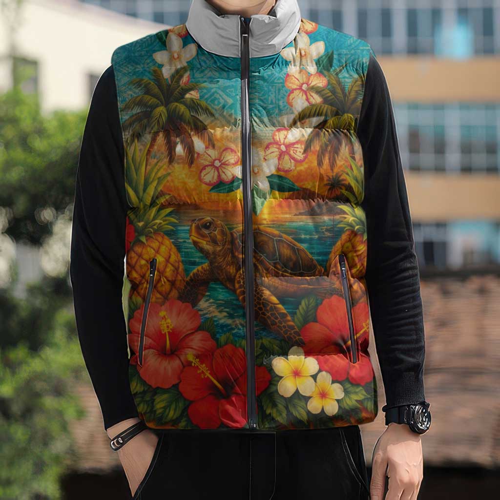 Hawaiian Turtles on Beach Sleeveless Puffer Jacket with Pineapple Tropical Plant and Lei LT03 - Polynesian Pride
