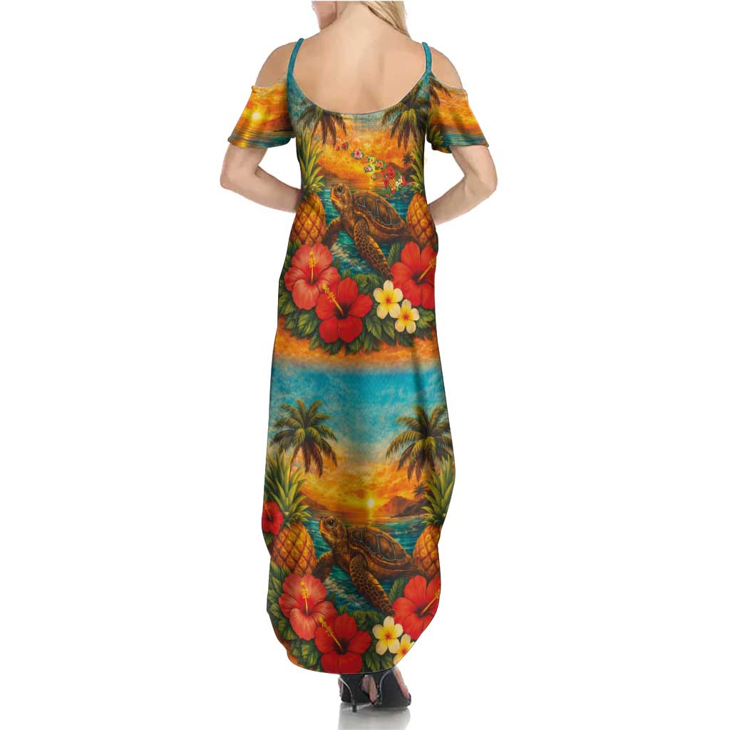 Hawaiian Turtles on Beach Summer Maxi Dress with Pineapple Tropical Plant and Lei