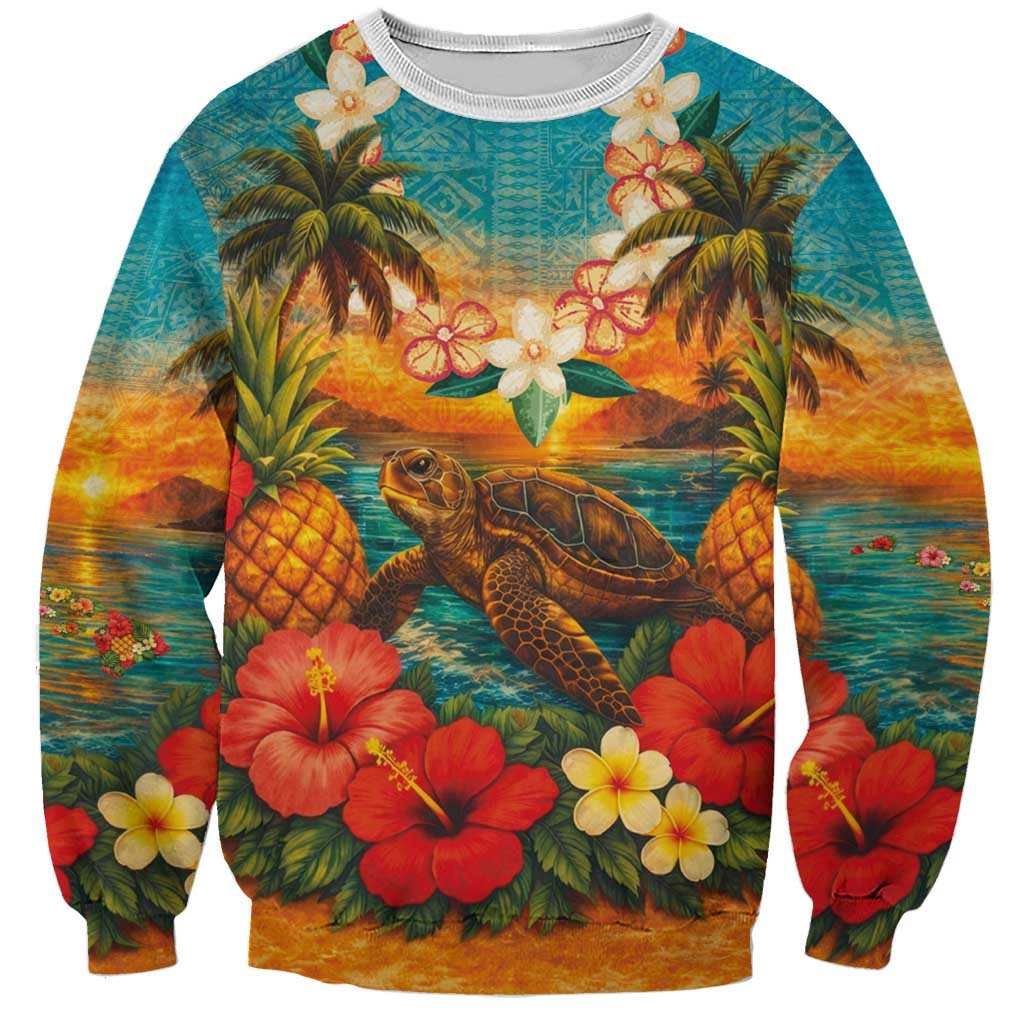 Hawaiian Turtles on Beach Sweatshirt with Pineapple Tropical Plant and Lei LT03 Unisex Multicolor - Polynesian Pride