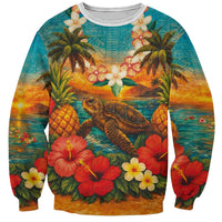 Hawaiian Turtles on Beach Sweatshirt with Pineapple Tropical Plant and Lei LT03 Unisex Multicolor - Polynesian Pride