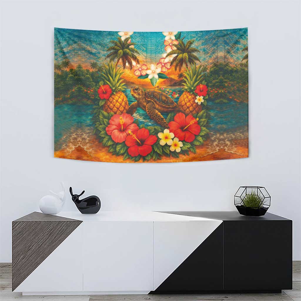 Hawaiian Turtles on Beach Tapestry with Pineapple Tropical Plant and Lei LT03 - Polynesian Pride