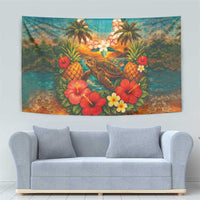 Hawaiian Turtles on Beach Tapestry with Pineapple Tropical Plant and Lei LT03 - Polynesian Pride