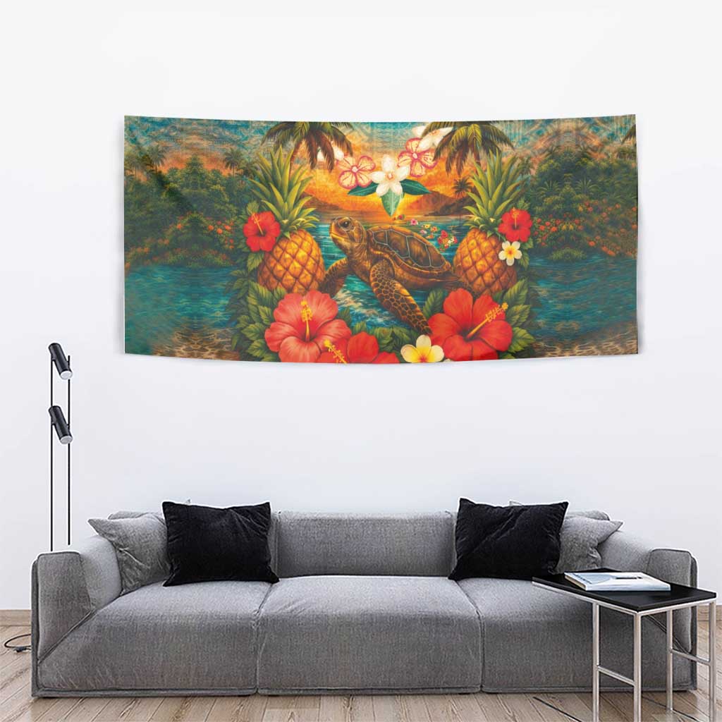 Hawaiian Turtles on Beach Tapestry with Pineapple Tropical Plant and Lei LT03 - Polynesian Pride