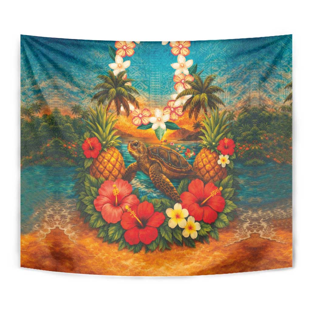 Hawaiian Turtles on Beach Tapestry with Pineapple Tropical Plant and Lei LT03 - Polynesian Pride