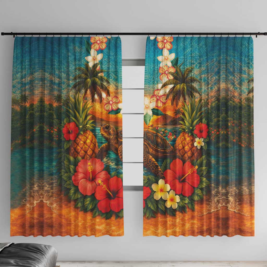 Hawaiian Turtles on Beach Window Curtain with Pineapple Tropical Plant and Lei LT03 With Hooks Multicolor - Polynesian Pride