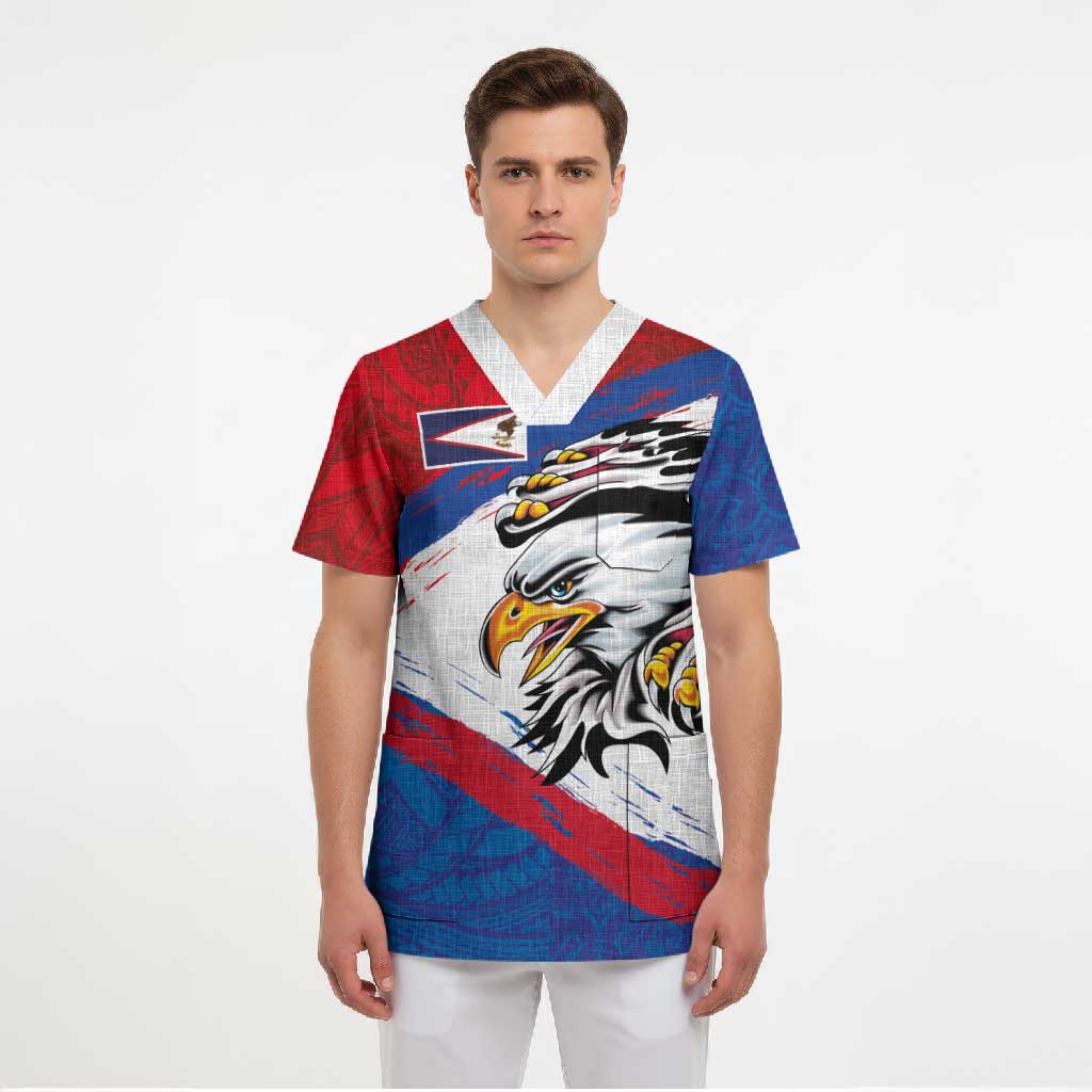 American Samoa Flag Day Scrub Top Polynesian Art Geometric with Flag Brush Style LT03 - Polynesian Pride
