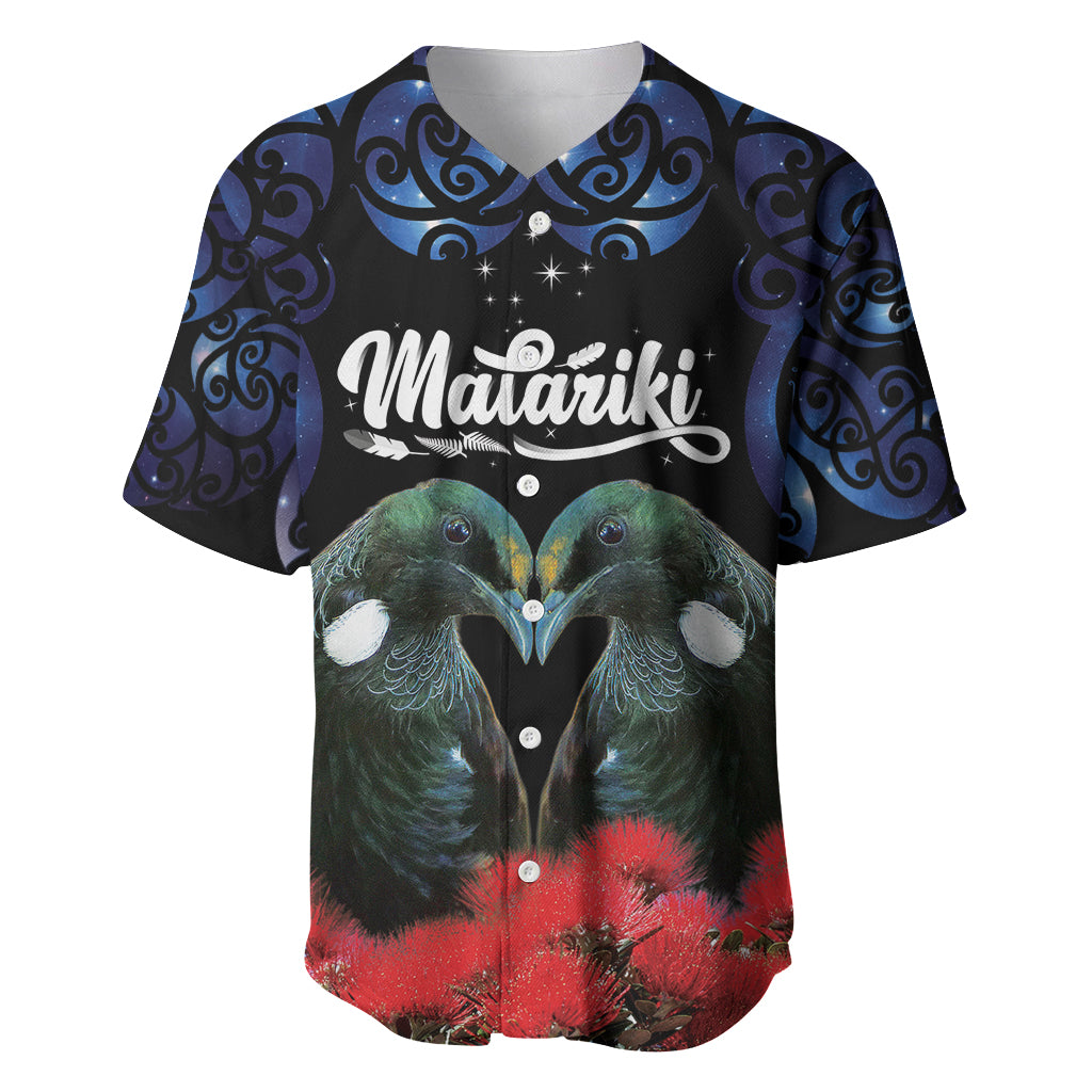New Zealand Maori Matariki Baseball Jersey Hongi Tui Bird Pohutukawa and Polynesia Tribal LT03 Black - Polynesian Pride