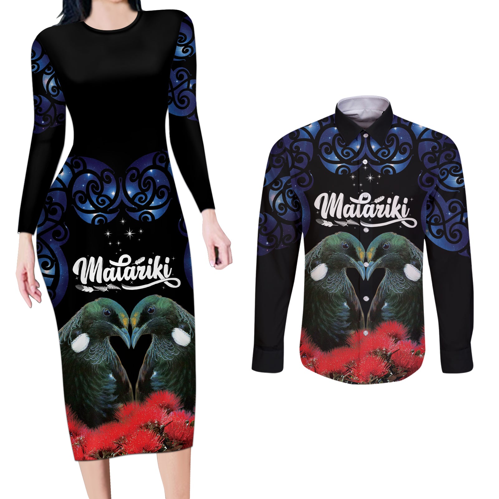 New Zealand Maori Matariki Couples Matching Long Sleeve Bodycon Dress and Long Sleeve Button Shirt Hongi Tui Bird Pohutukawa and Polynesia Tribal