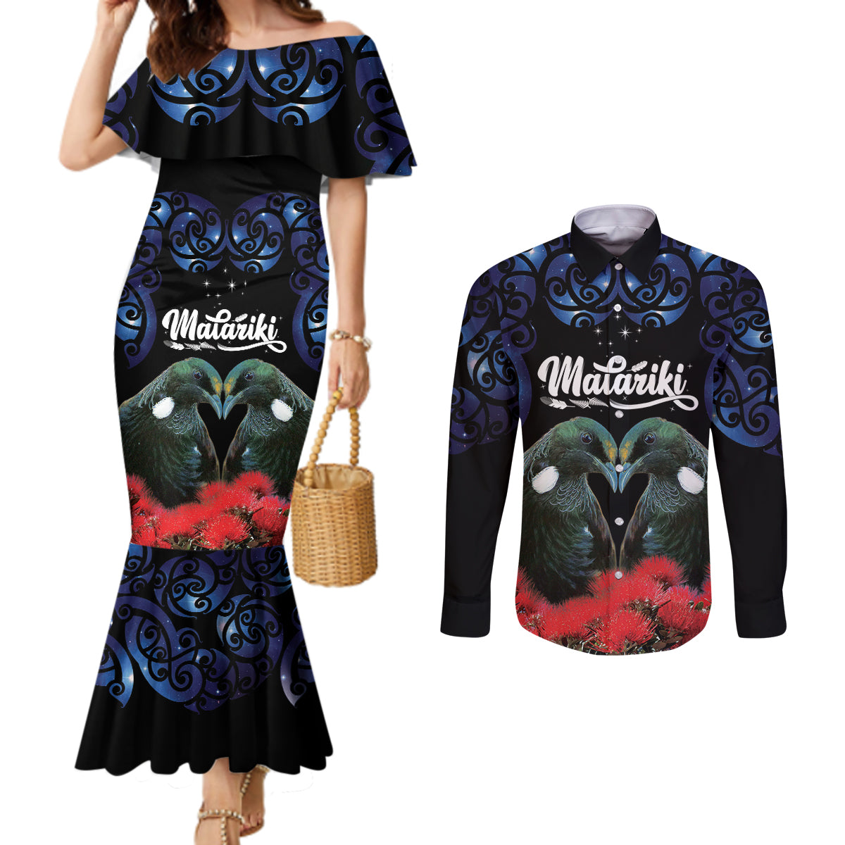 New Zealand Maori Matariki Couples Matching Mermaid Dress and Long Sleeve Button Shirt Hongi Tui Bird Pohutukawa and Polynesia Tribal