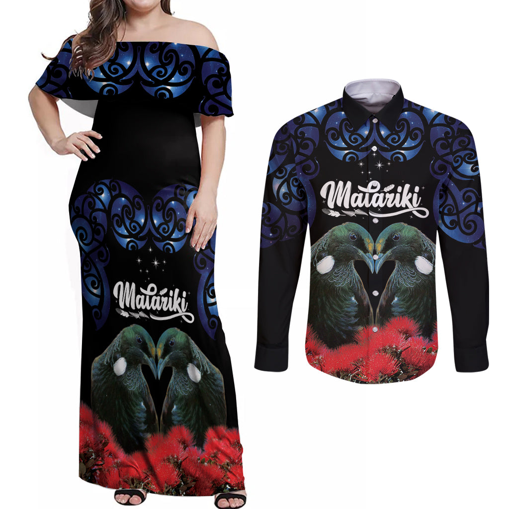 New Zealand Maori Matariki Couples Matching Off Shoulder Maxi Dress and Long Sleeve Button Shirt Hongi Tui Bird Pohutukawa and Polynesia Tribal