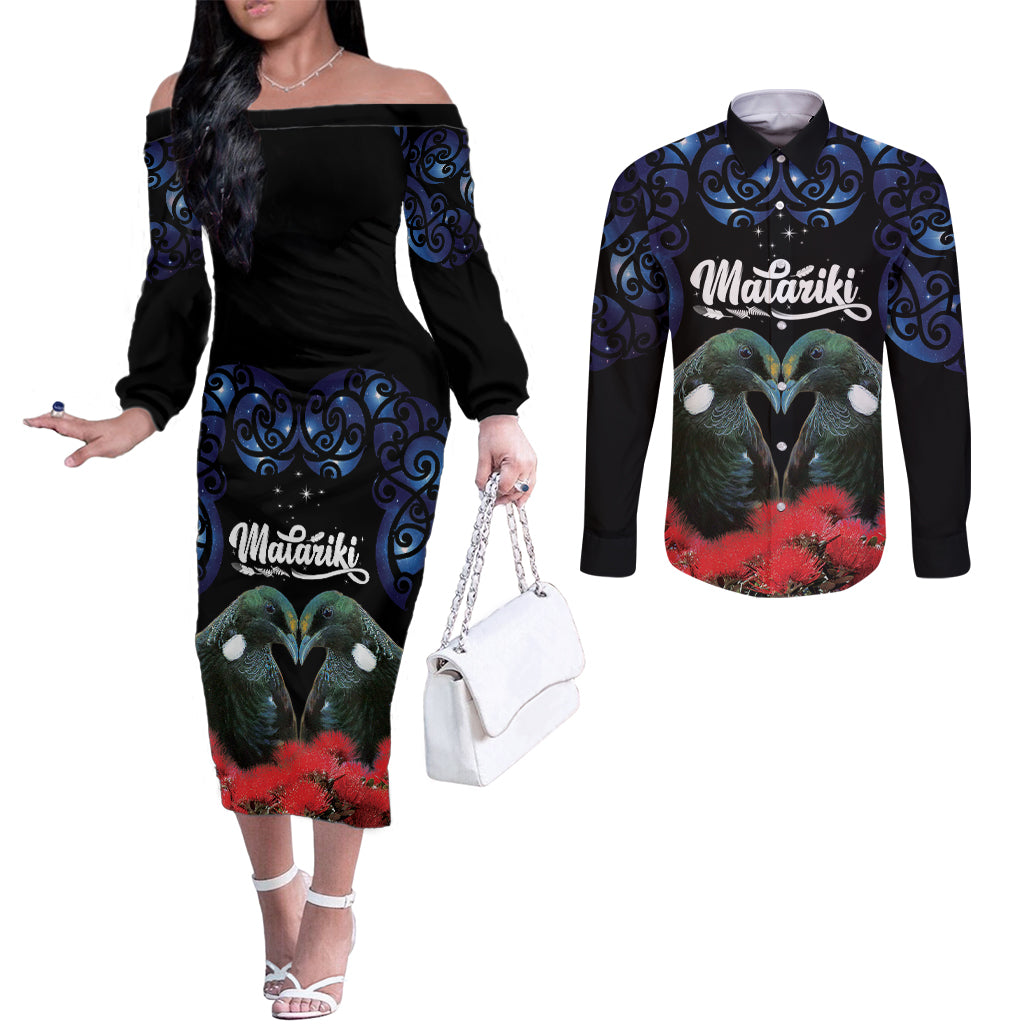 New Zealand Maori Matariki Couples Matching Off The Shoulder Long Sleeve Dress and Long Sleeve Button Shirt Hongi Tui Bird Pohutukawa and Polynesia Tribal