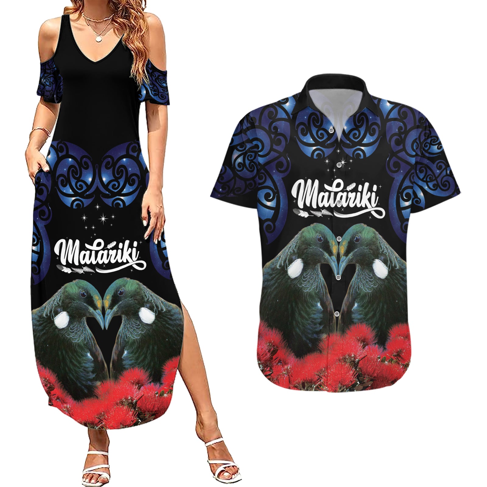 New Zealand Maori Matariki Couples Matching Summer Maxi Dress and Hawaiian Shirt Hongi Tui Bird Pohutukawa and Polynesia Tribal