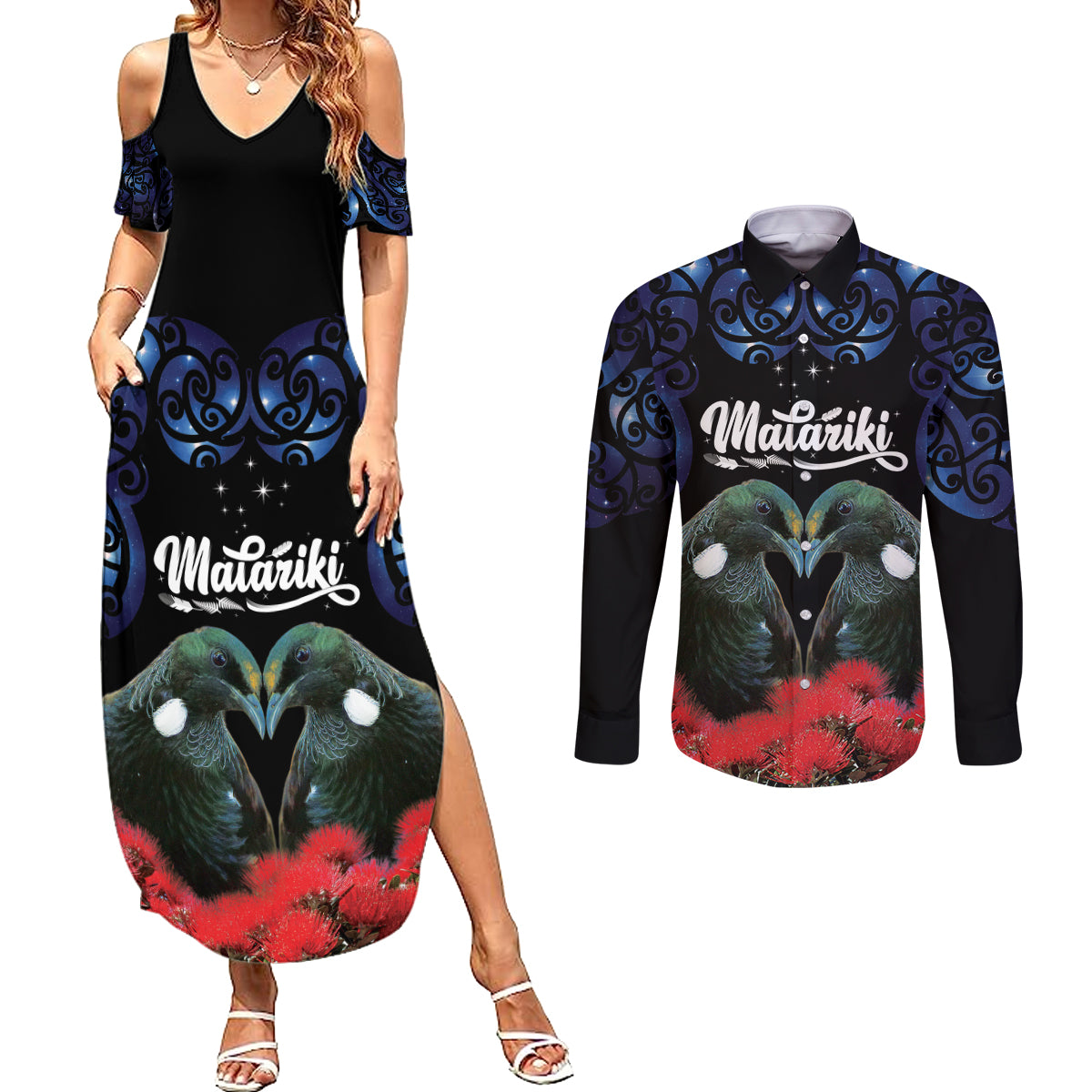 New Zealand Maori Matariki Couples Matching Summer Maxi Dress and Long Sleeve Button Shirt Hongi Tui Bird Pohutukawa and Polynesia Tribal