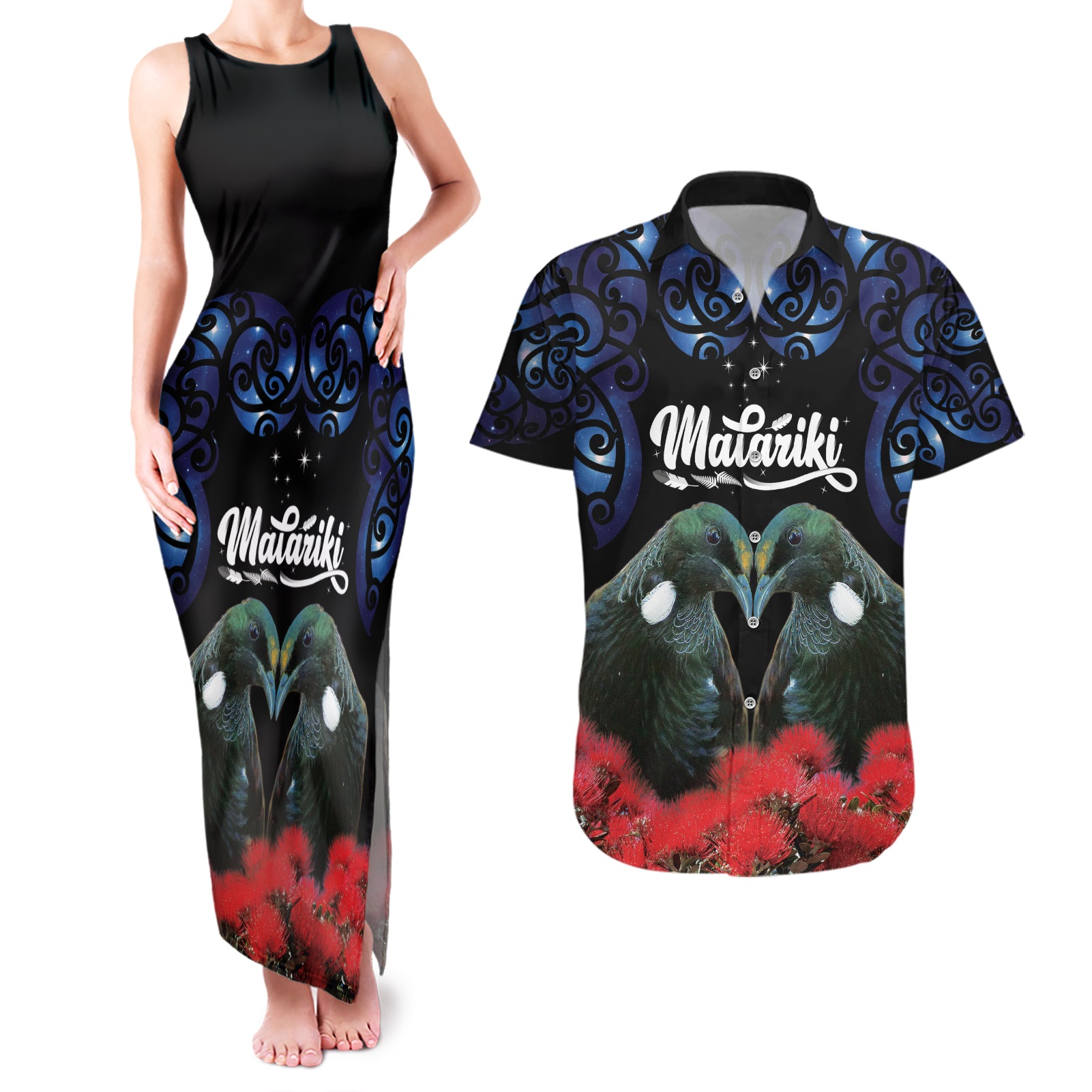 New Zealand Maori Matariki Couples Matching Tank Maxi Dress and Hawaiian Shirt Hongi Tui Bird Pohutukawa and Polynesia Tribal