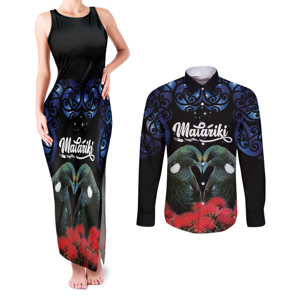 New Zealand Maori Matariki Couples Matching Tank Maxi Dress and Long Sleeve Button Shirt Hongi Tui Bird Pohutukawa and Polynesia Tribal