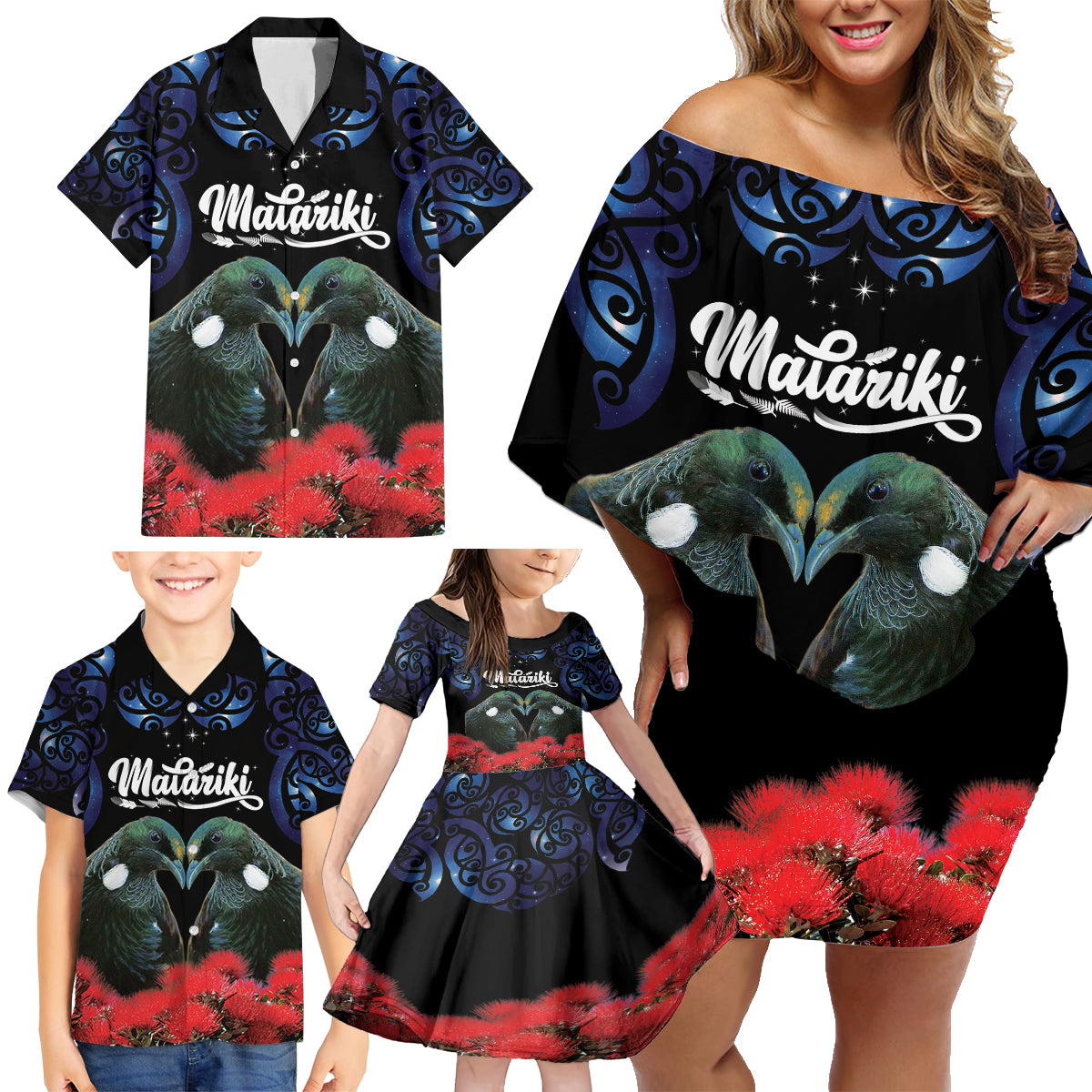 New Zealand Maori Matariki Family Matching Off Shoulder Short Dress and Hawaiian Shirt Hongi Tui Bird Pohutukawa and Polynesia Tribal