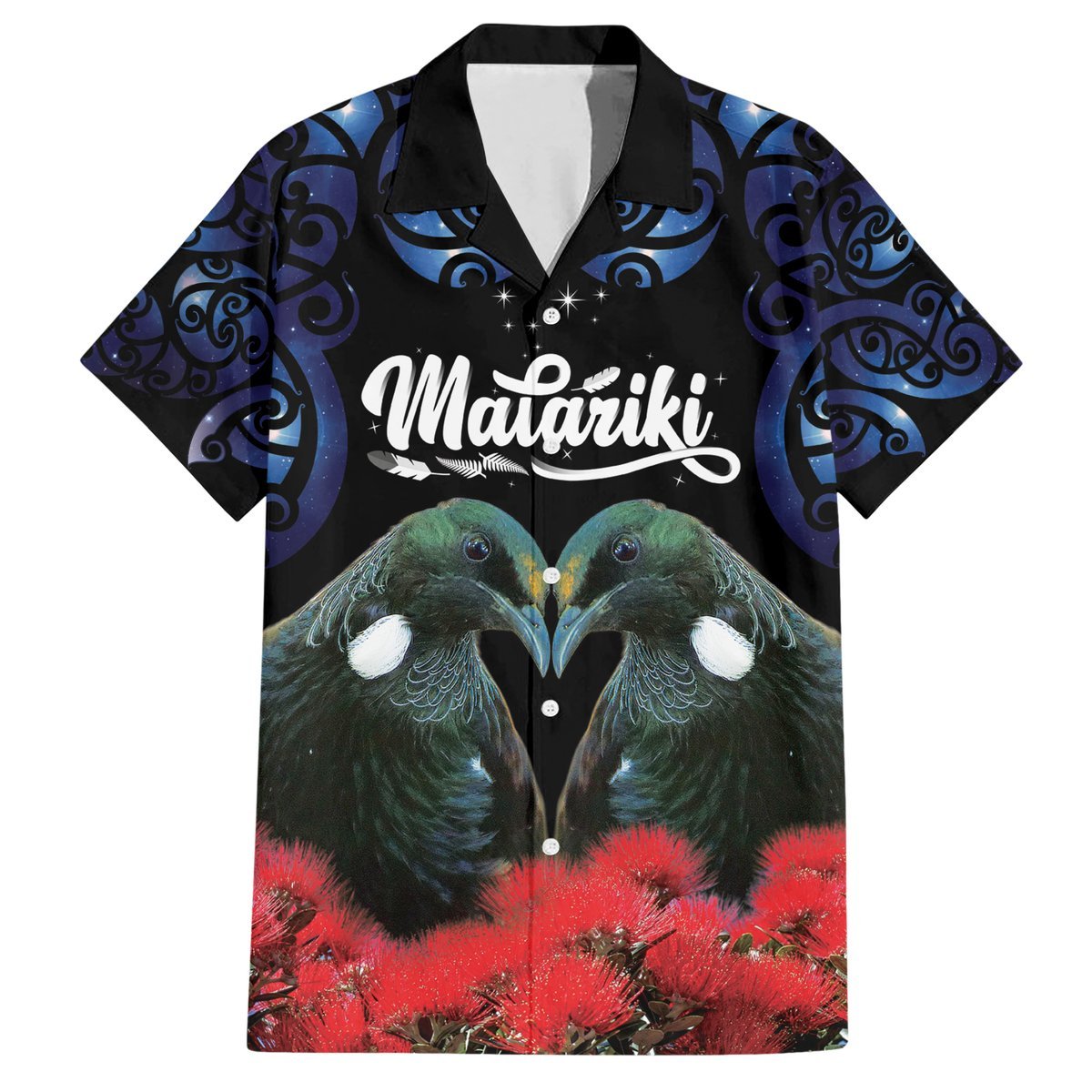 New Zealand Maori Matariki Hawaiian Shirt Hongi Tui Bird Pohutukawa and Polynesia Tribal LT03 Black - Polynesian Pride
