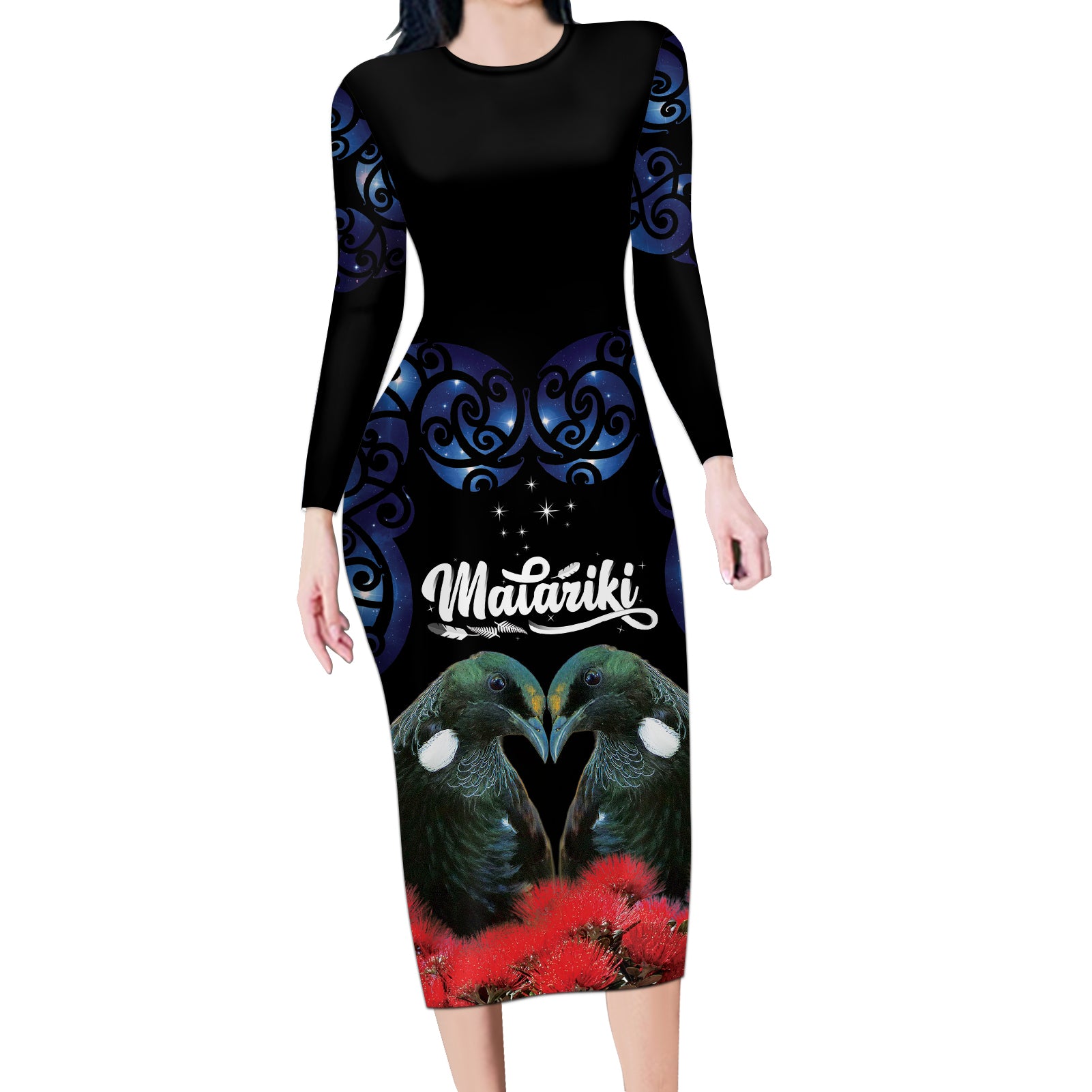 New Zealand Maori Matariki Long Sleeve Bodycon Dress Hongi Tui Bird Pohutukawa and Polynesia Tribal