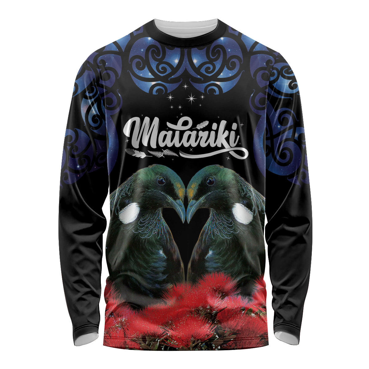 New Zealand Maori Matariki Long Sleeve Shirt Hongi Tui Bird Pohutukawa and Polynesia Tribal