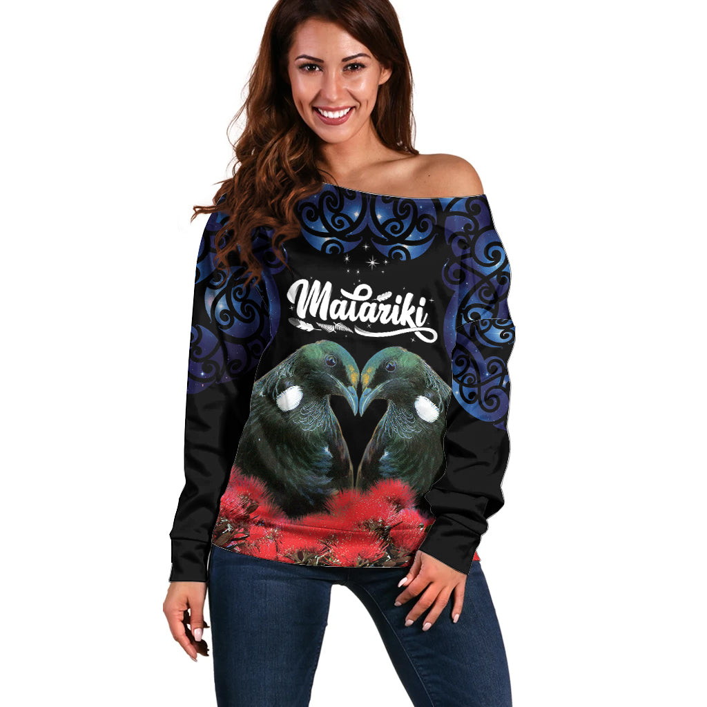 New Zealand Maori Matariki Off Shoulder Sweater Hongi Tui Bird Pohutukawa and Polynesia Tribal