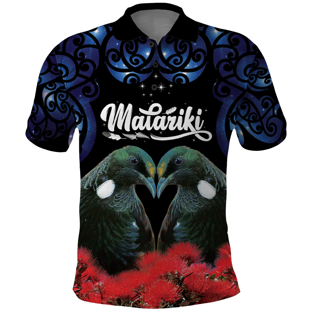 New Zealand Maori Matariki Polo Shirt Hongi Tui Bird Pohutukawa and Polynesia Tribal