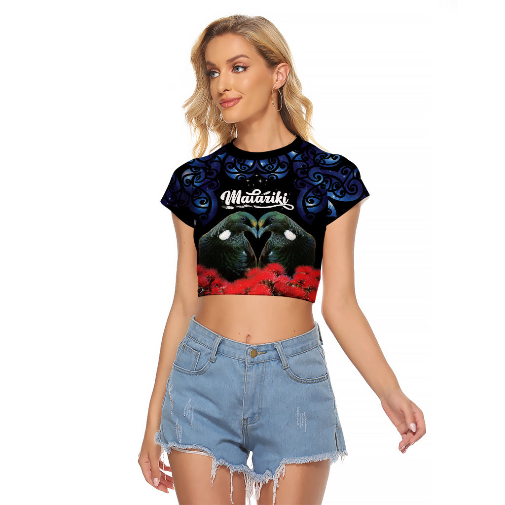 New Zealand Maori Matariki Raglan Cropped T Shirt Hongi Tui Bird Pohutukawa and Polynesia Tribal